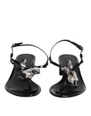 Women's Black Leather Crystal Ankle Strap Sandals Shoes