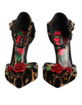 Women's Brown Leopard Crystal Roses Pumps Shoes Cotton Viscose
