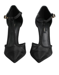 Women's Black Mesh T-Strap Stiletto High Heels Shoes Nylon Viscose