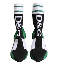 Women's Green Stretch Sock Style Ankle Boots Shoes Black And Polyester Leather