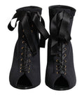 Women's Lace-Up Peep Toe Heel Boot Black Nylon Elastane Polyester