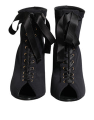 Women's Lace-Up Peep Toe Heel Boot Black Nylon Elastane Polyester