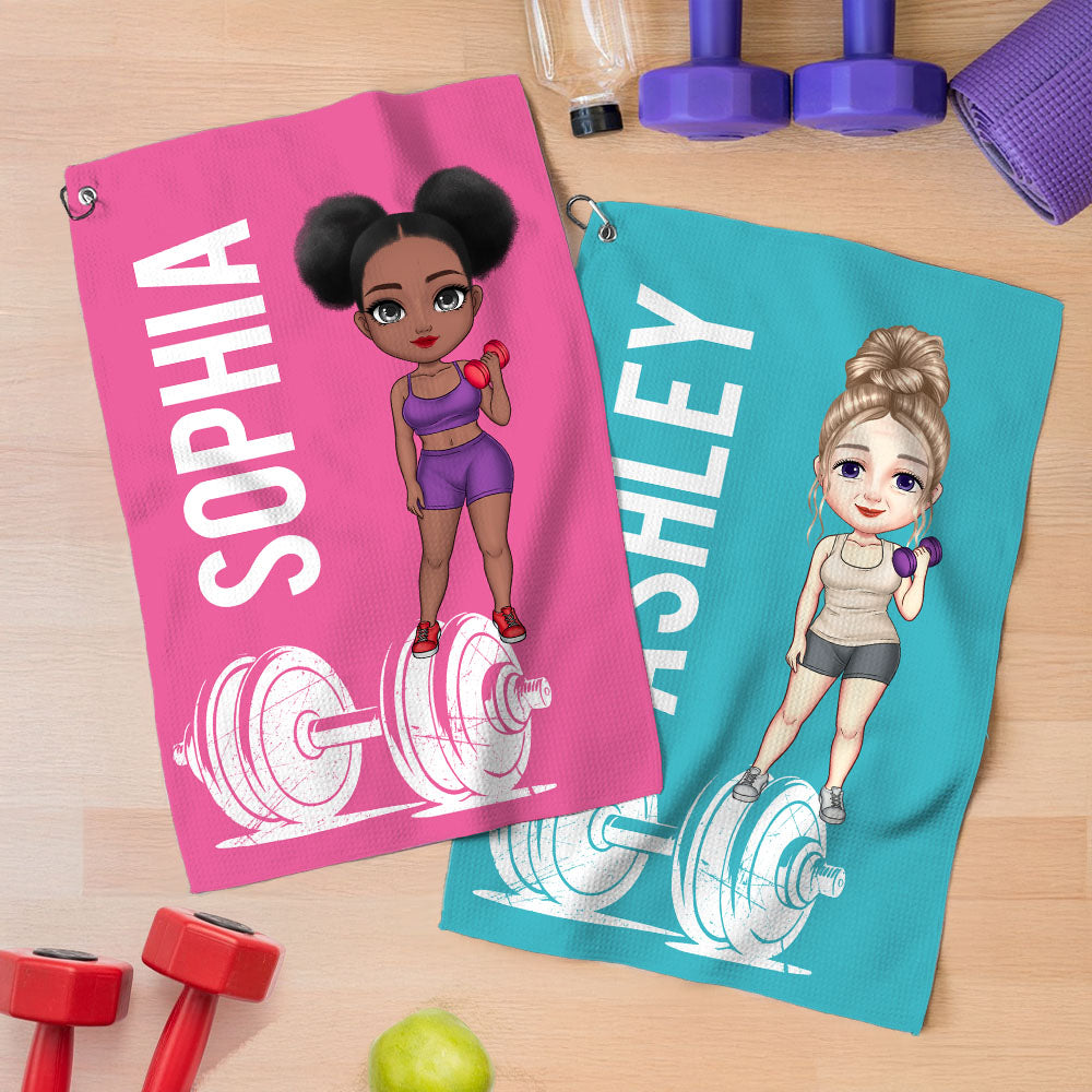 Personalizado de dibujos animados de fitness mancuerna nombre del personaje suave toalla de deportes con clip para colgar accesorios deportivos equipo regalo de cumpleaños para el gimnasio amante de l