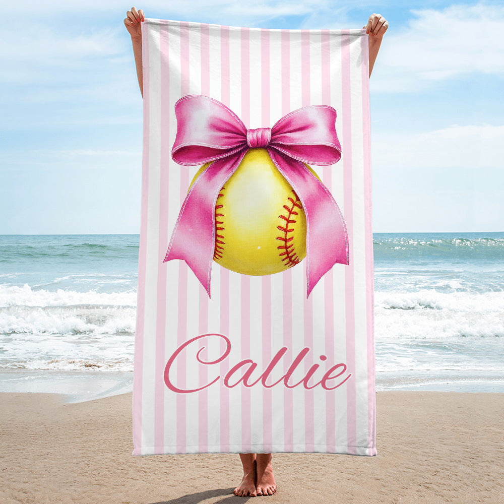 Toalla de Playa de Secado Rápido con Nombre Personalizada en Rosa a Rayas con Lazo de Baloncesto Fútbol de Gran Tamaño Accesorio de Playa Regalo de Cumpleaños para Niñas