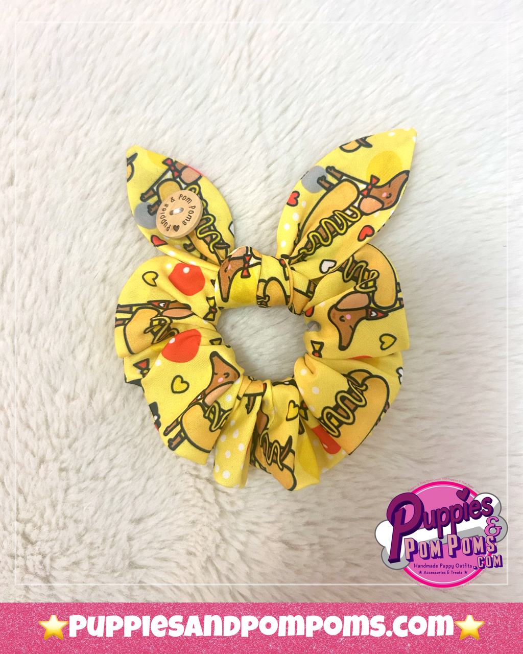 Handmade Scrunchie with Bow - Hot Dog Dachshunds