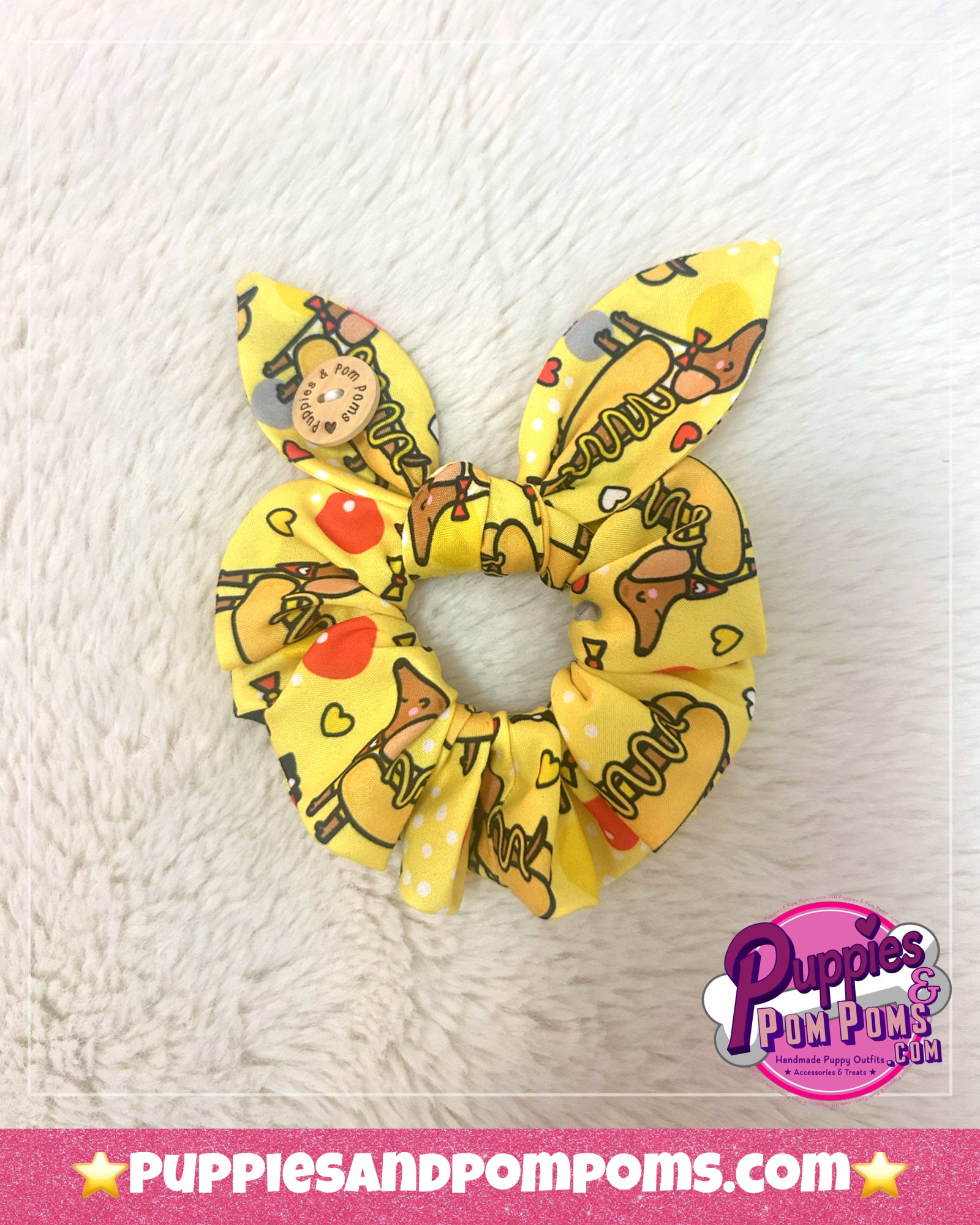 Handmade Scrunchie with Bow - Hot Dog Dachshunds