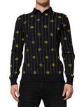 Men's Black Logo Jacquard Knitted Polo Shirt T-Shirt Virgin Wool