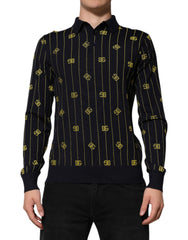 Men's Black Logo Jacquard Knitted Polo Shirt T-Shirt Virgin Wool