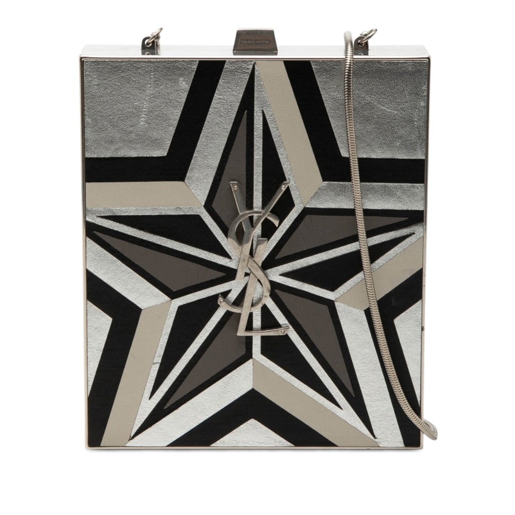 Metal and Leather Tuxedo Box Star Clutch on Chain