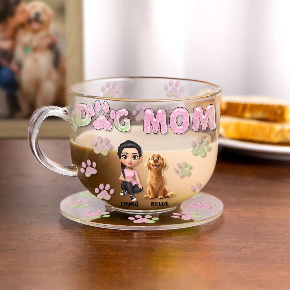 Personalizado Perro Mamá 3D Cartoon Chica y 1-4 Perros impresión de la pata 16 oz Copa de vidrio transparente con nombres Regalo de cumpleaños para el dueño de mascotas amante