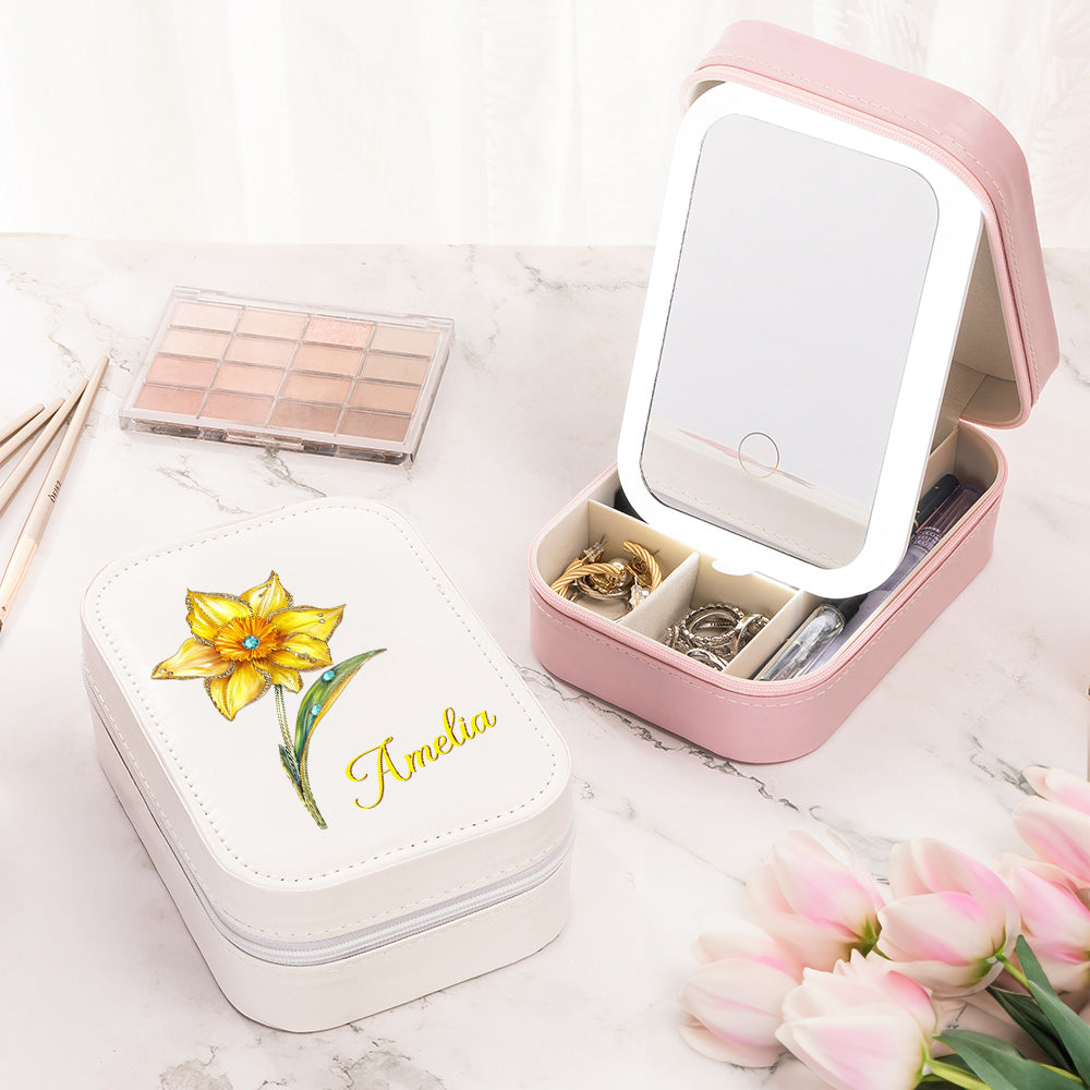 Personalizado delicada flor de nacimiento de cuero joyero con nombre y LED de tres colores ajustable espejo de maquillaje de la boda de cumpleaños de regalo para las mujeres niñas