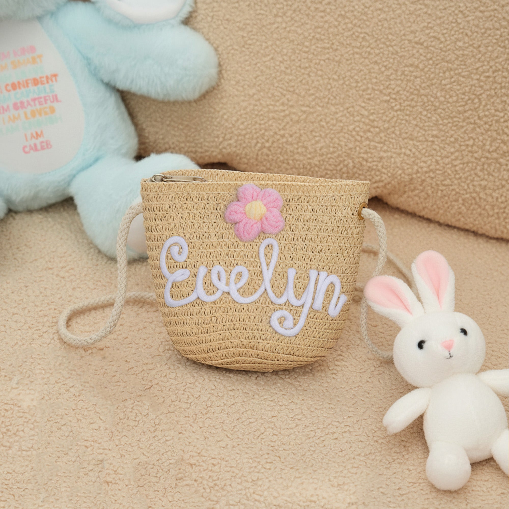 Personalizado Boho Flor Ajustable Paja Crossbody Bolsa con Nombre de Hilo Cumpleaños Boda Navidad Regalo para Niños Niñas Flor Niños