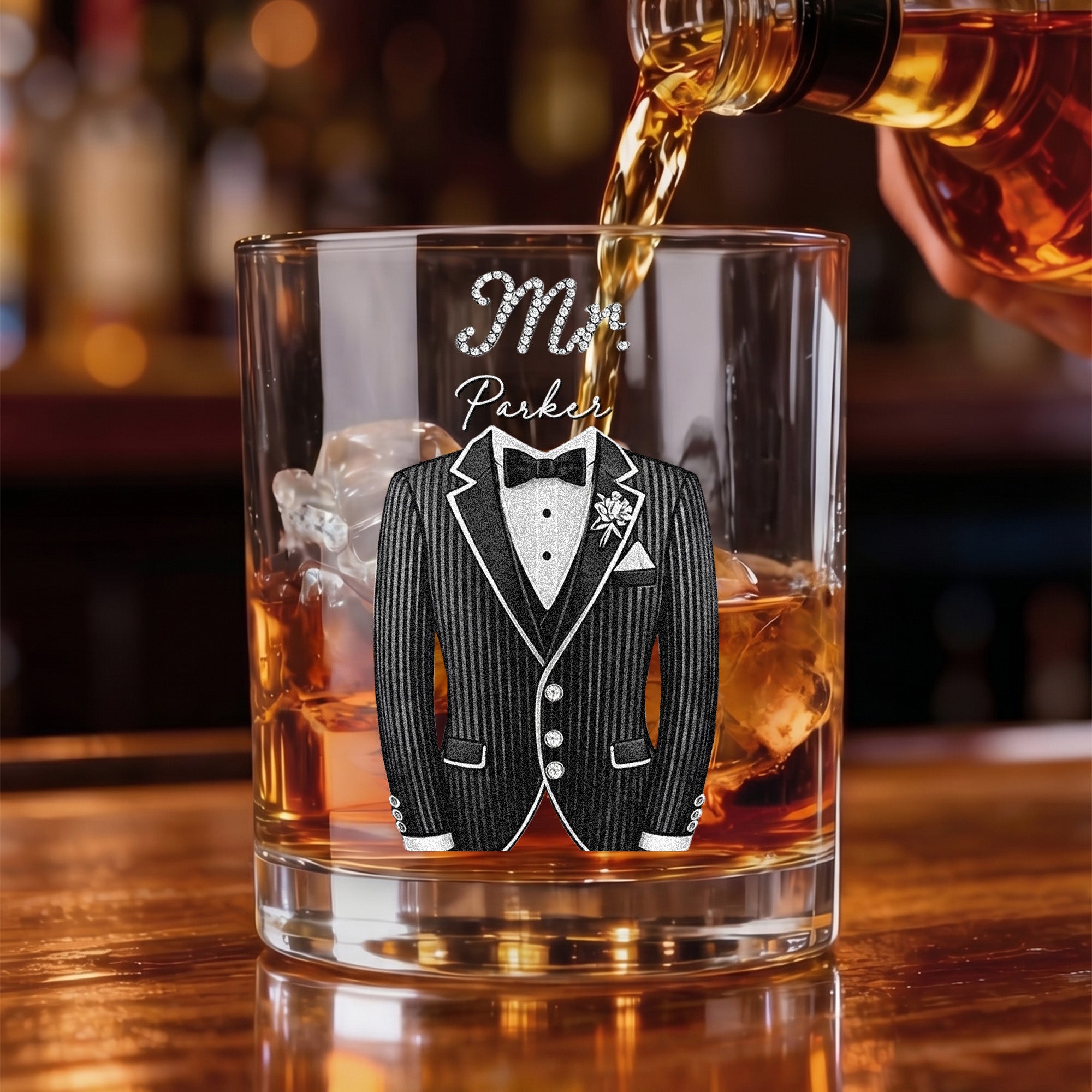 Personalizado Sofisticado Esmoquin Vestido de Novia Diseño 10 oz Whisky de vidrio Boda Celebrar Fiesta Regalo para Recién Casados