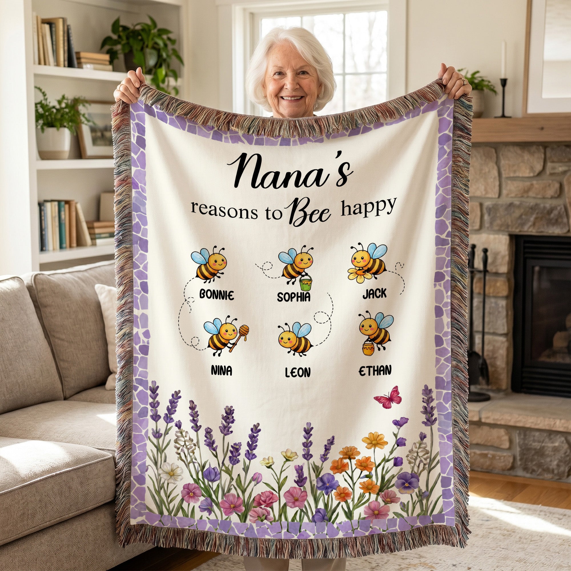 Personalizada Reasons to Bee Happy Suave manta de borlas con nombre Decoración de sofá Regalo de cumpleaños para mamá Abuela