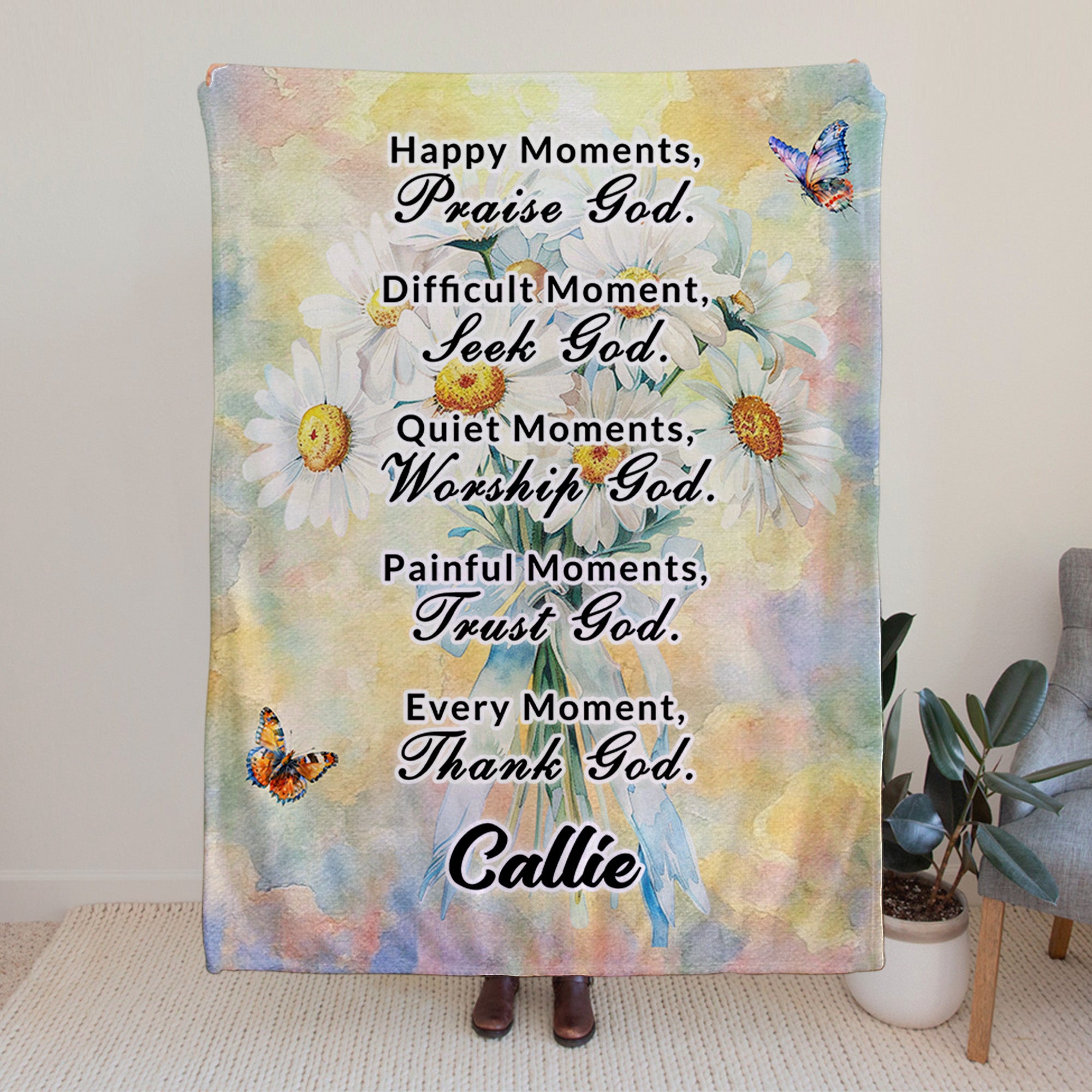 Personalizada Nacimiento Flor Biblia Bendición Mariposa Suave manta con nombre Decoración para el hogar Cumpleaños Navidad Regalo para la familia cristiana Amigo