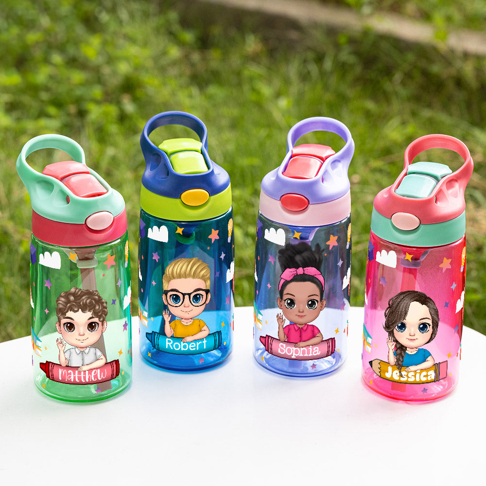 Botella de agua con pajita de silicona y asa Personalizada Crayon Cartoon Character 16 oz Back to School Birthday Holiday Gift for Boys Girls