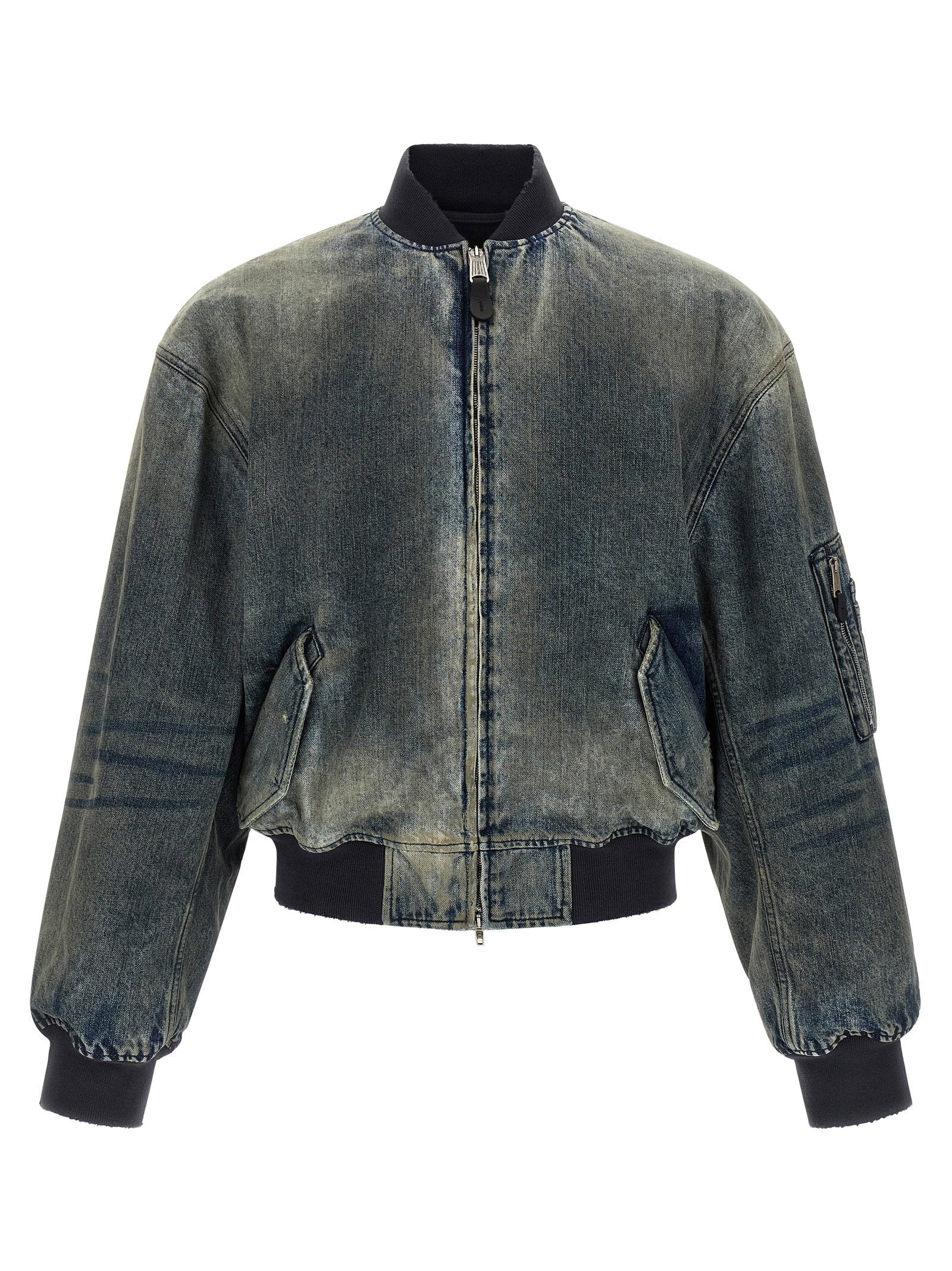 Balenciaga Stone-Washed Denim Bomber Jacket — Gray