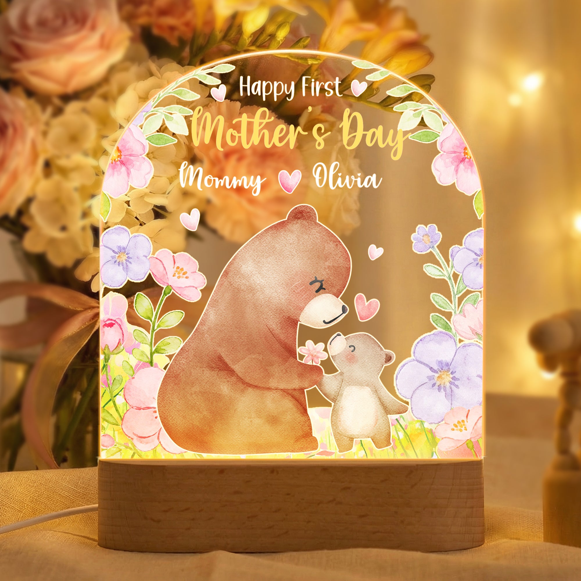 Luz de noche LED acrílica con nombre y base de madera Personalizada Flor Oso Lindo Regalo de Cumpleaños para el Día de la Madre Madres Niños