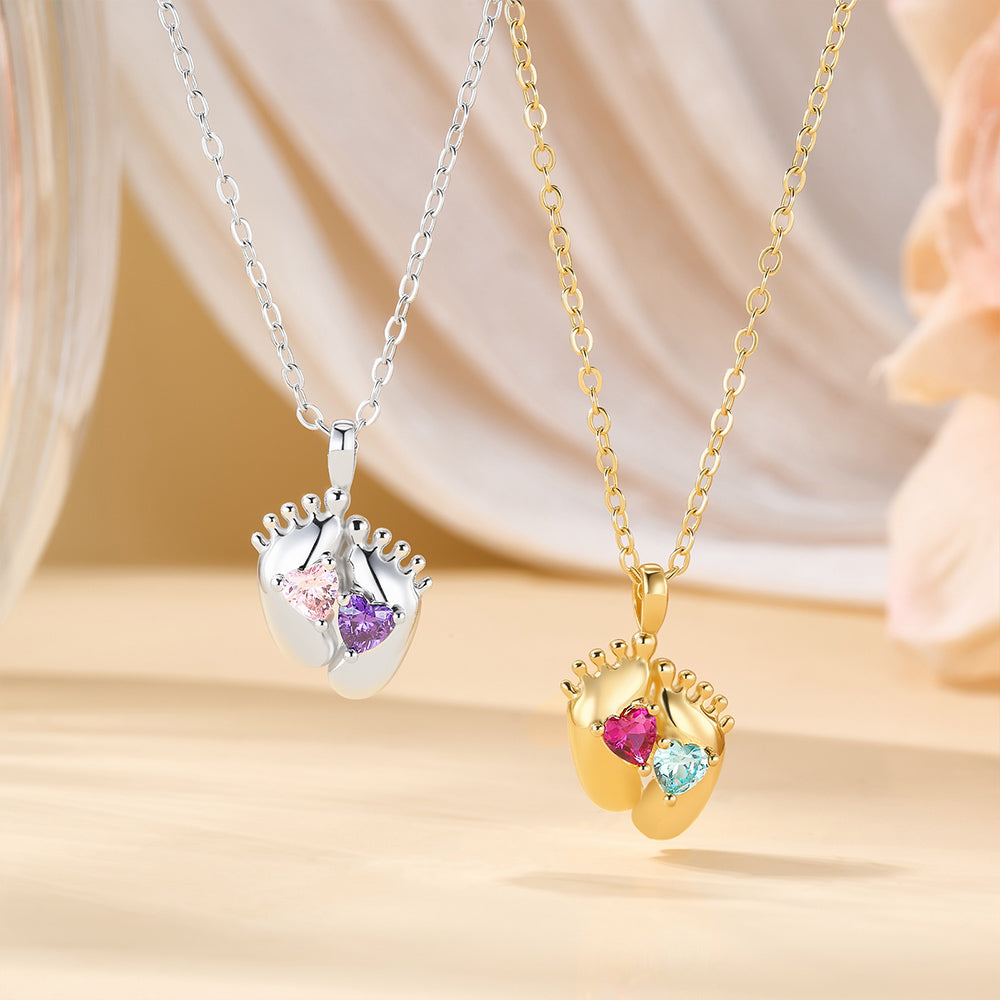 Personalizado Doble Corazón Piedras de Nacimiento Pies de Bebé Collar Dainty Joyería Baby Shower Día de la Madre Cumpleaños Regalo para Recién Nacido Nueva Mamá