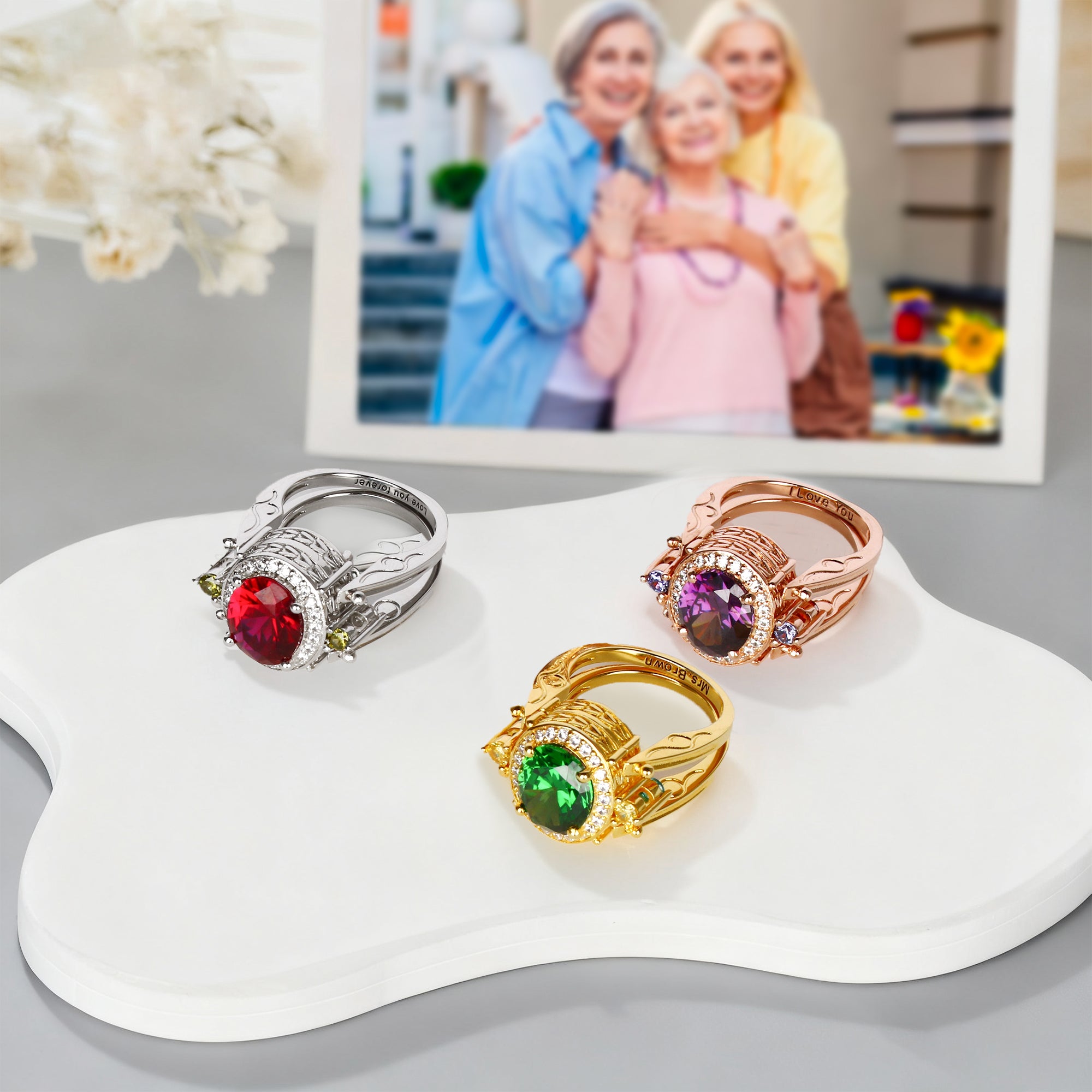 Anillo de Piedras de Nacimiento de Doble Cara Personalizado con Texto Grabado Cumpleaños Aniversario Compromiso Regalo para Mujer