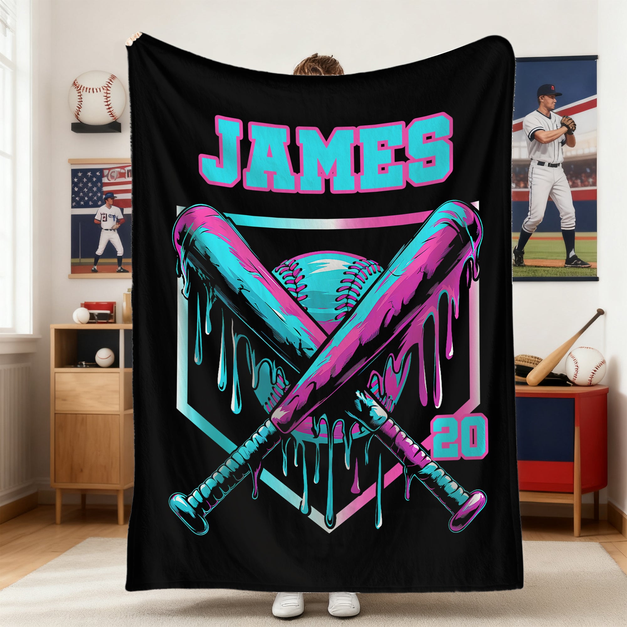 Manta blanda personalizada con nombre y número para bate de béisbol que gotea helado Decoración del hogar Cumpleaños Regalo de Navidad para niños amantes de los deportes