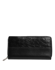 Men's Black Leather Logo Plaque Zip Around Continental Wallet Calf Caiman