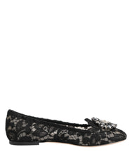 Women's Black Taormina Lace Crystals Flats Shoes Viscose Cotton Nylon