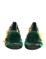 Women's Green Mink Fur Satin Banana Leaf Sandals Shoes Silk Hay