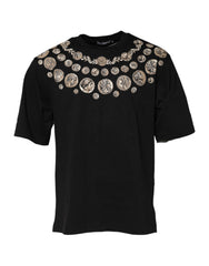 Men's Black Coin Print Cotton Crew Neck T-Shirt