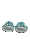 Women's Silver Blue Leather Bead Embellish Slide Shoes Blue, Silk Viscose