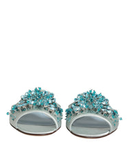 Women's Silver Blue Leather Bead Embellish Slide Shoes Blue, Silk Viscose