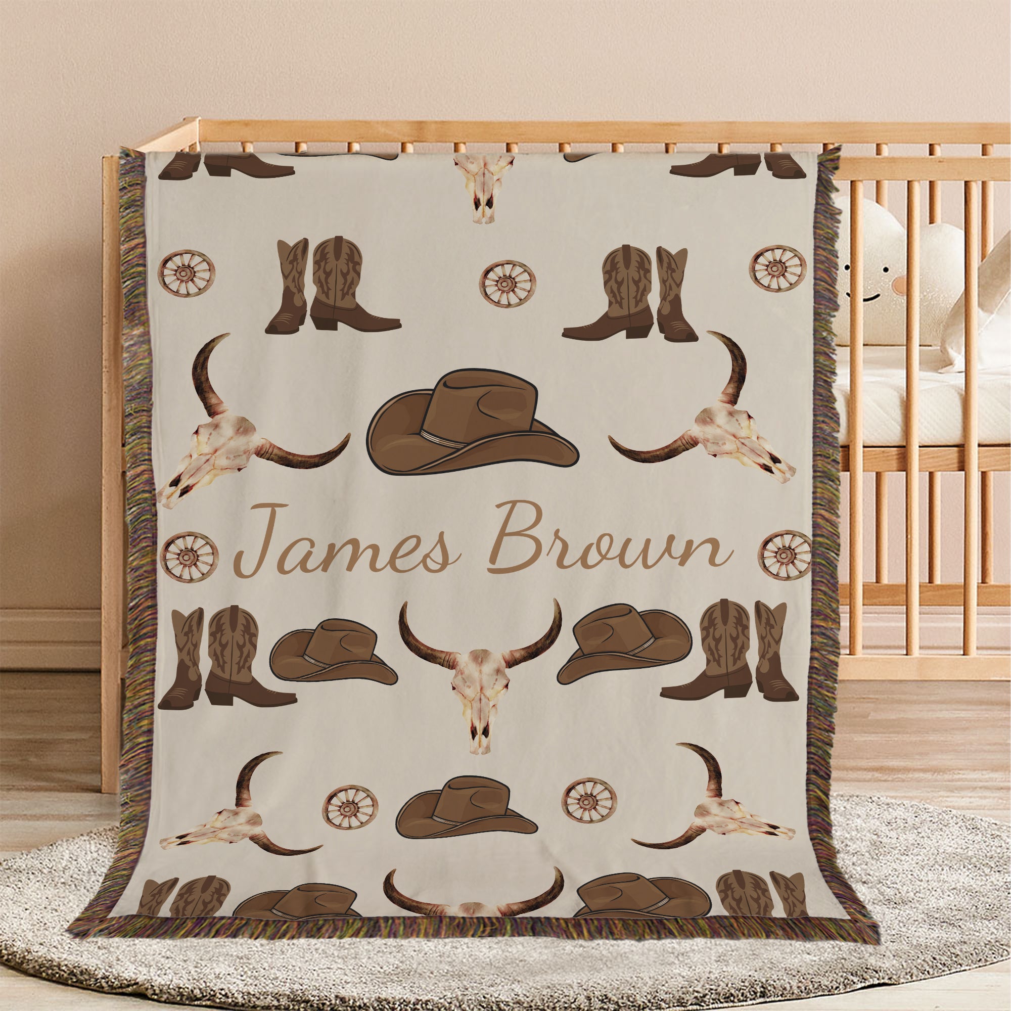 Sombrero de vaquero personalizado Botas de vaca Calavera Manta suave con borlas y nombre Decoración para el hogar Cumpleaños Regalo de Navidad para vaquero Vaquera