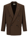 Saint Laurent Silk Satin Double-Breasted Blazer — Brown