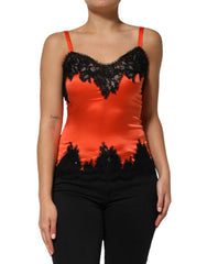 Women's Red Black Lace Trim Silk Sleeveless Tank Top And Cotton Elastane Nylon