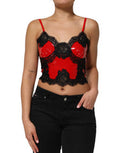 Women's Red Black Lace Trim Polyester Sleeveless Tank Top And