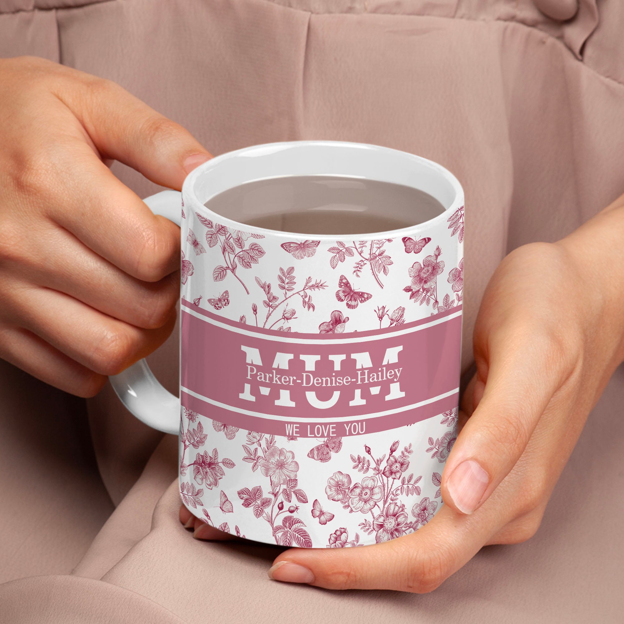 Personalizada Toile De Jouy 11 oz Taza de café de cerámica con el nombre del niño Título y Texto Cumpleaños Aniversario Regalo para Mamá Abuela