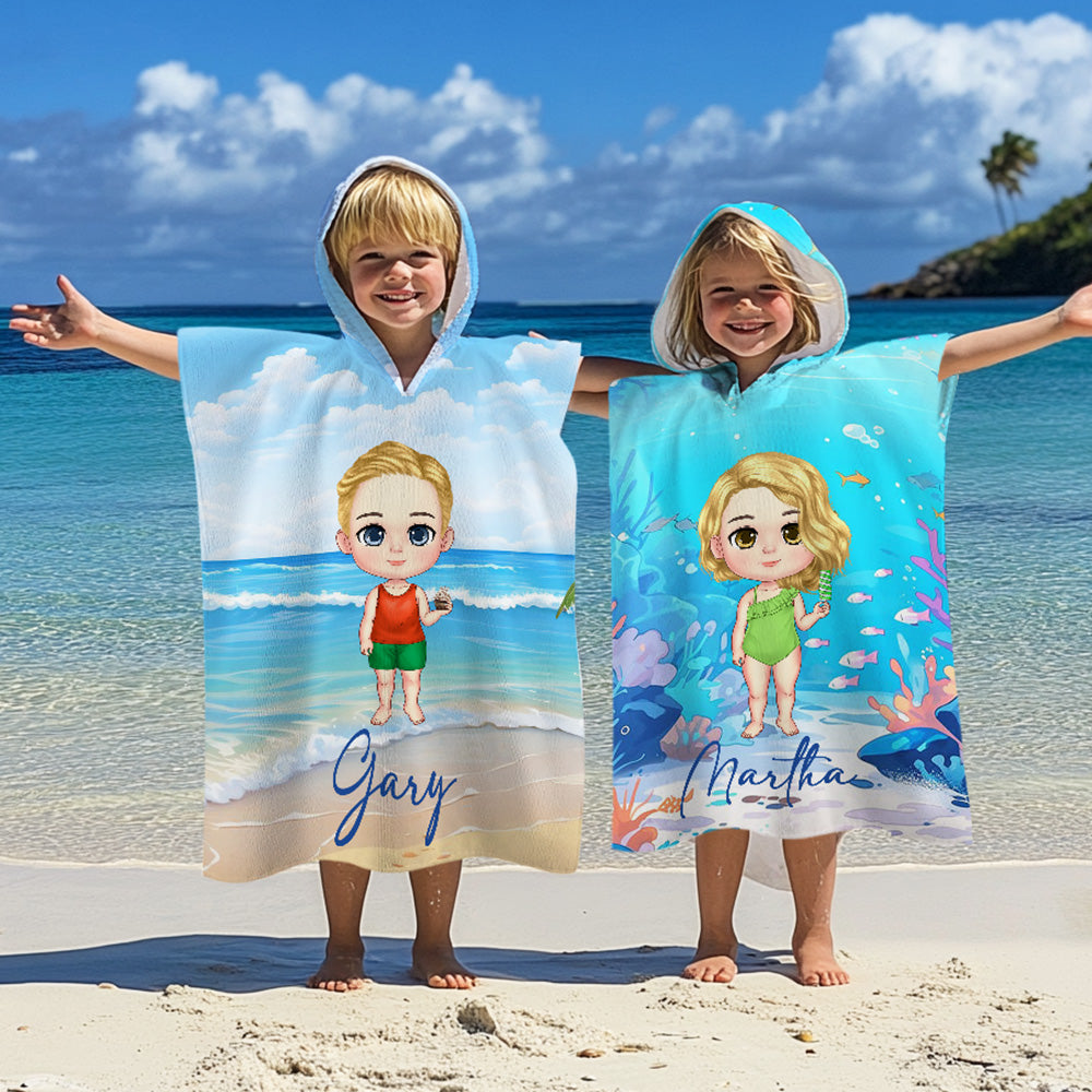 Toalla de playa con capucha personalizada de dibujos animados para niños y niñas Cumpleaños Vacaciones en la playa Fiesta en la piscina