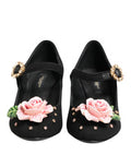 Women's Black Flower Crystal Embellished Mary Jane Shoes Wool Rayon Goat Skin