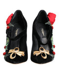 Women's Black Roses Crystal Brooch Mary Jane Shoes Rayon Silk