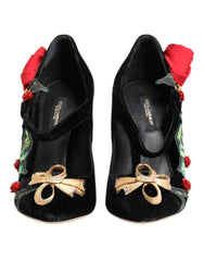 Women's Black Roses Crystal Brooch Mary Jane Shoes Rayon Silk