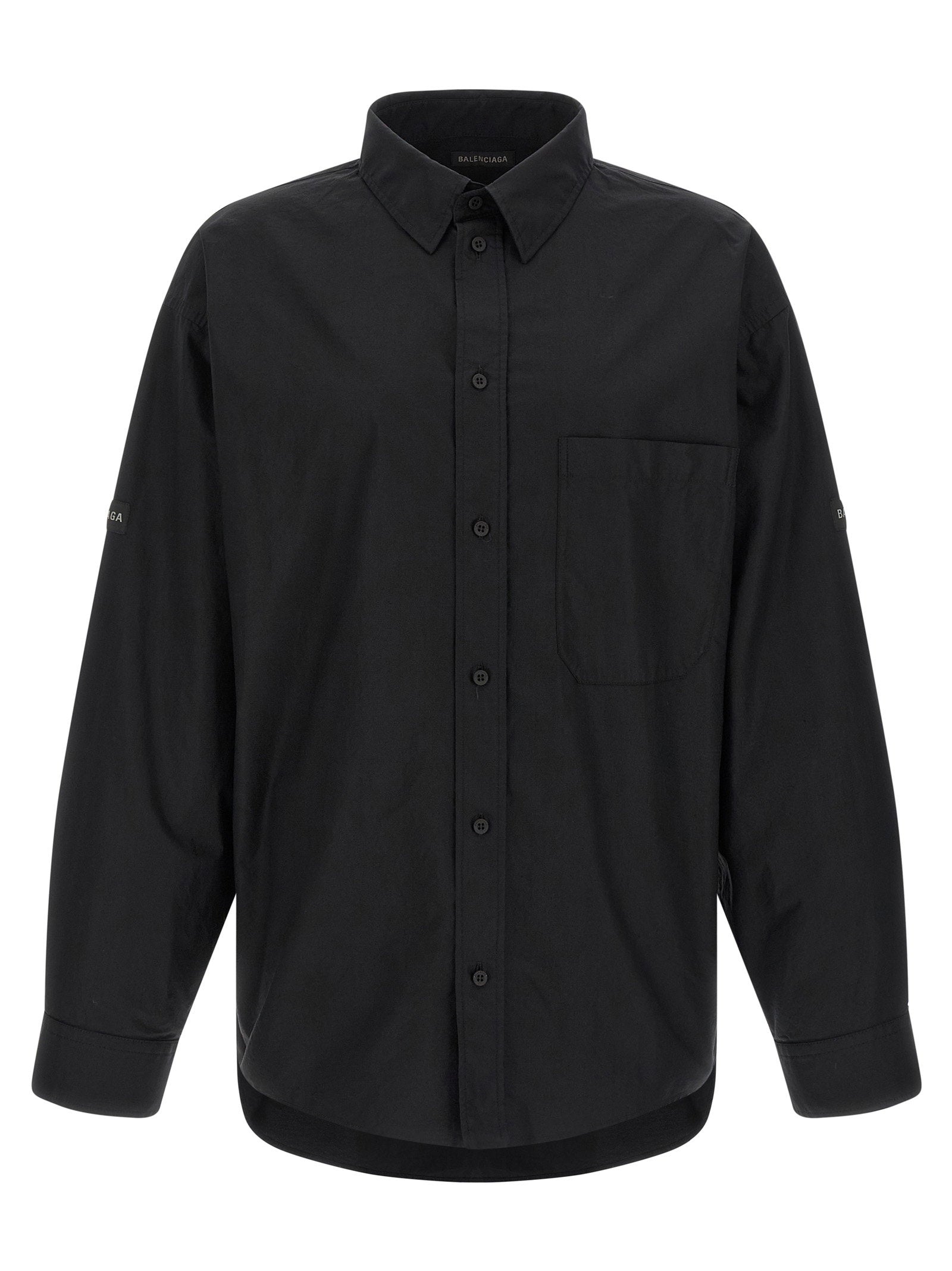 Balenciaga Logo Patch Cotton Poplin Shirt — Black