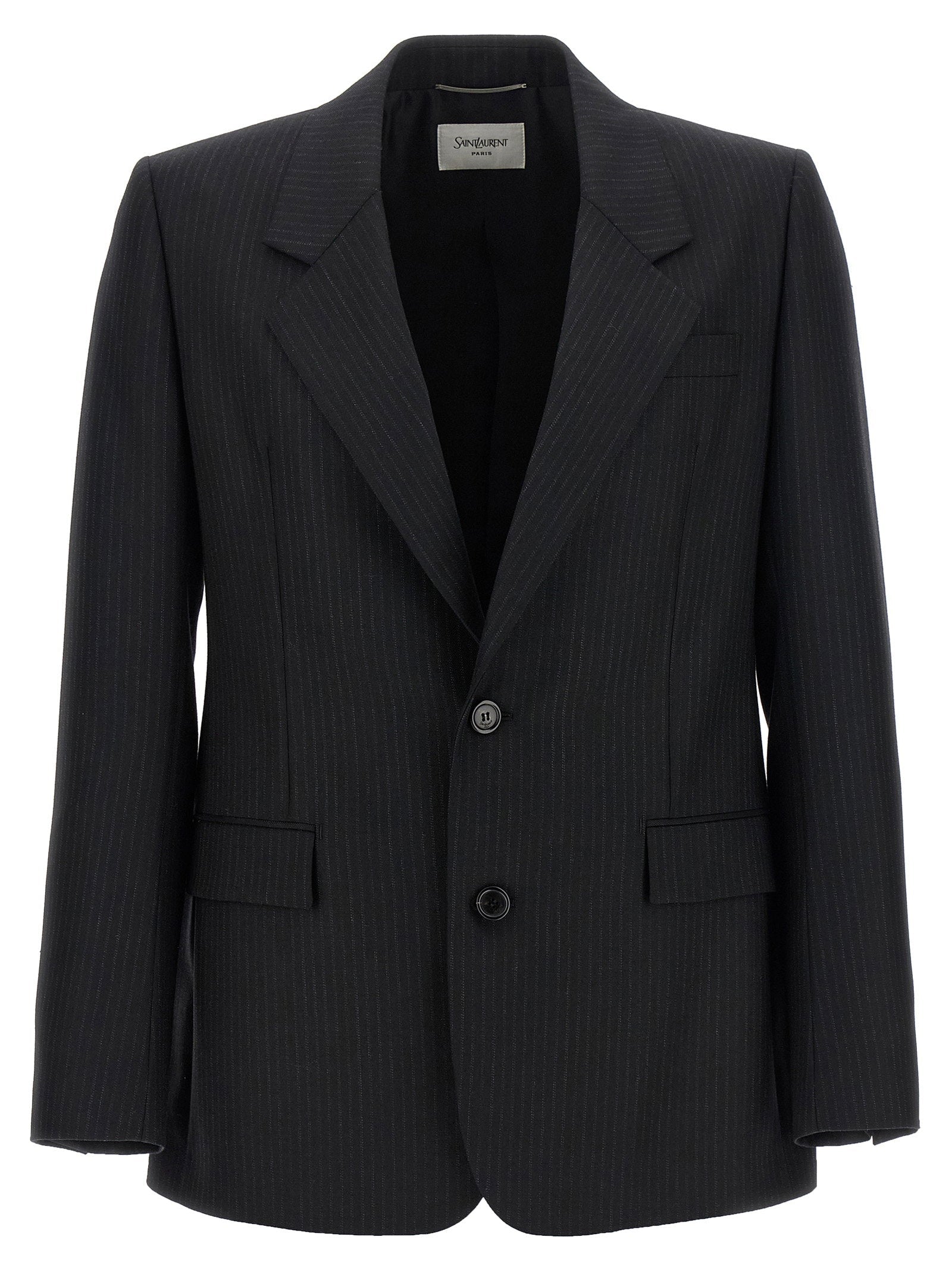 Saint Laurent Pinstripe Wool Blazer — Charcoal