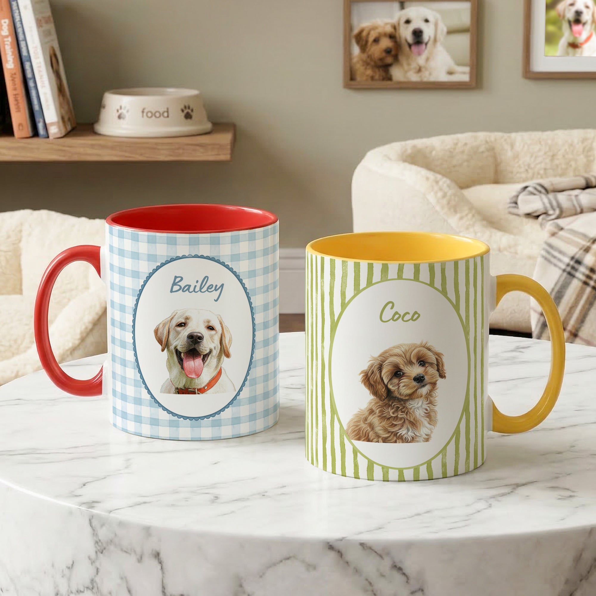 Acuarela personalizada a cuadros raya Pet Foto 11 oz 15 oz Taza de cerámica con nombre Cumpleaños Pet Party Regalo para los amantes de los dueños de mascotas