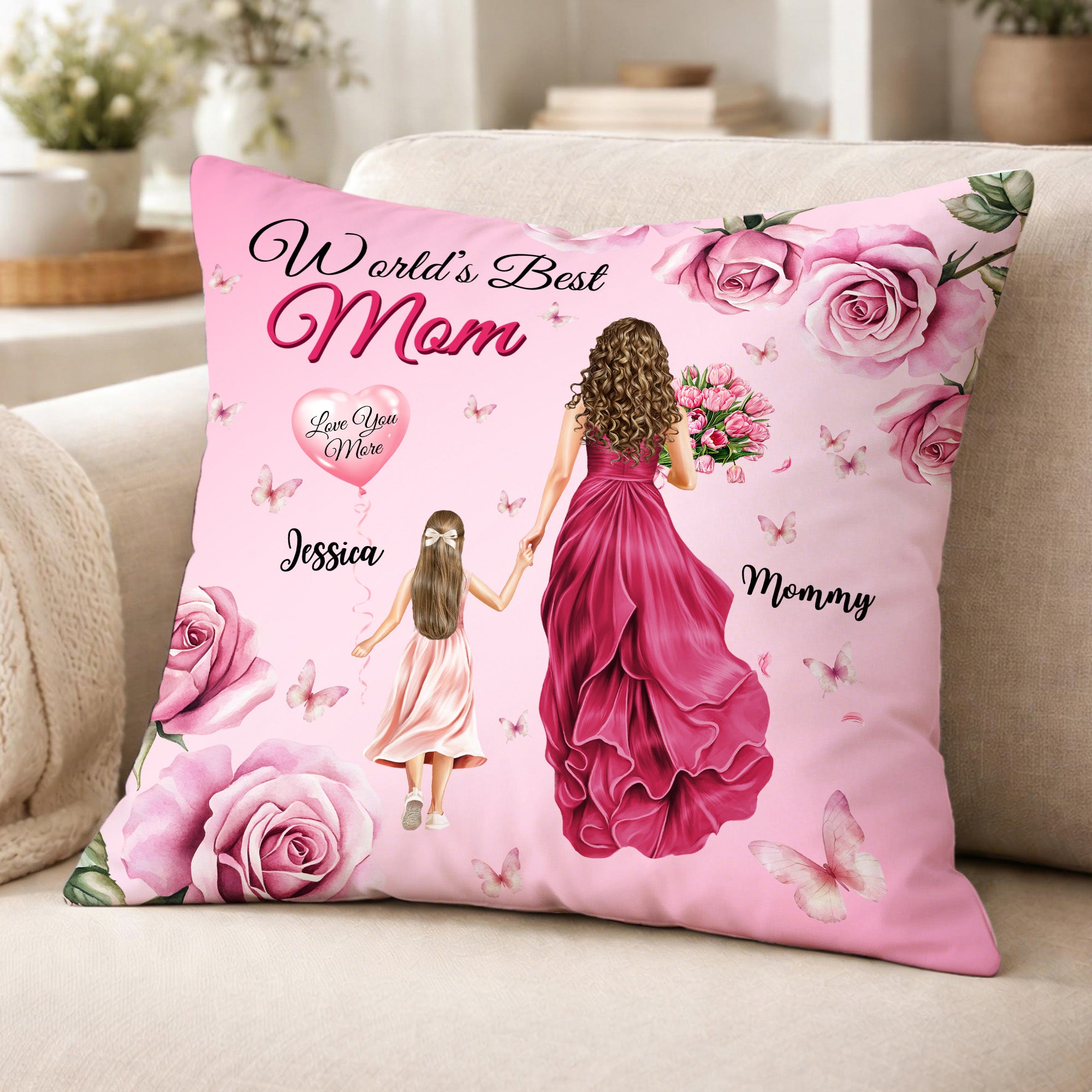Rosa personalizada de dibujos animados Mamá Niño Suave Funda de almohada con nombre Decoración del hogar Día de la Madre Regalo para la madre Abuela