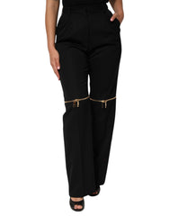 Women's Black Zip Detailed Wool Straight Leg Pants Virgin