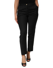 Women's Tapered Wool Blend Trousers Black Polyester Elastane