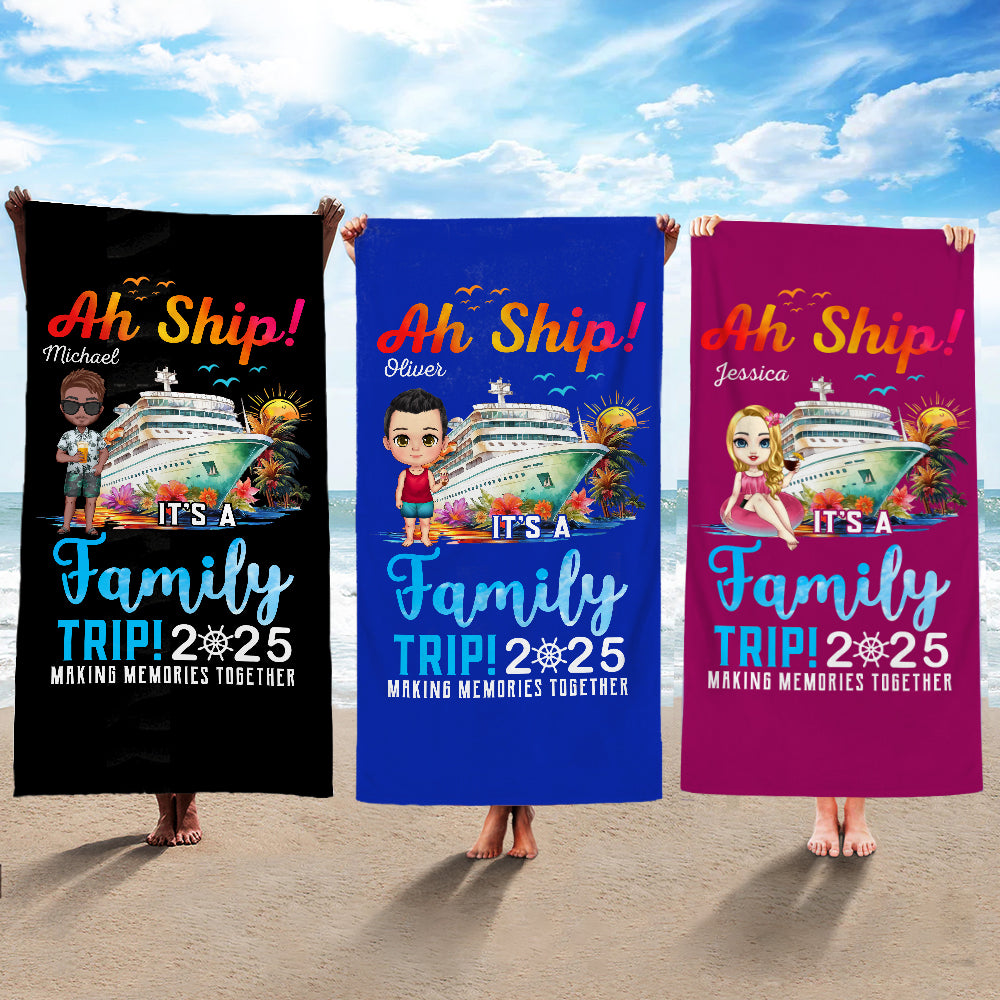 Toalla de playa de gran tamaño, suave y de secado rápido, personalizada, con el nombre y el año, de un crucero de dibujos animados y un cocotero, para regalar en una fiesta en la playa a un amigo de l