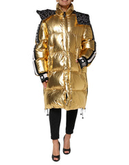 Women's Gold Hooded Puffer Quilted Full Zip Jacket Polyester Clothing