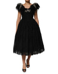 Women's Black Crystal Embellished Midi A-Line Dress Acetate