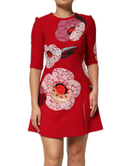 Women's Red Lace Floral Applique A-Line Mini Dress Wool
